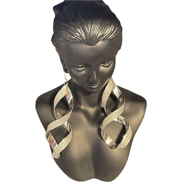 Bebe XL Sparkle & Polished Silver Twisted Linear Dangle French Wire Earrings - Picture 3 of 3